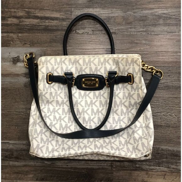 Michael Kors White & Navy Blue Purse HandBag Canvas East West - Picture 1 of 7